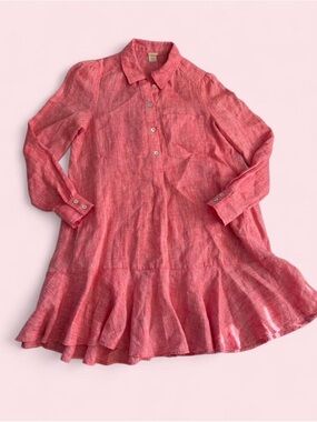 Magaschoni 100% Linen Button-Up Dress Ruffle Hem Oversized Preppy Spring XS